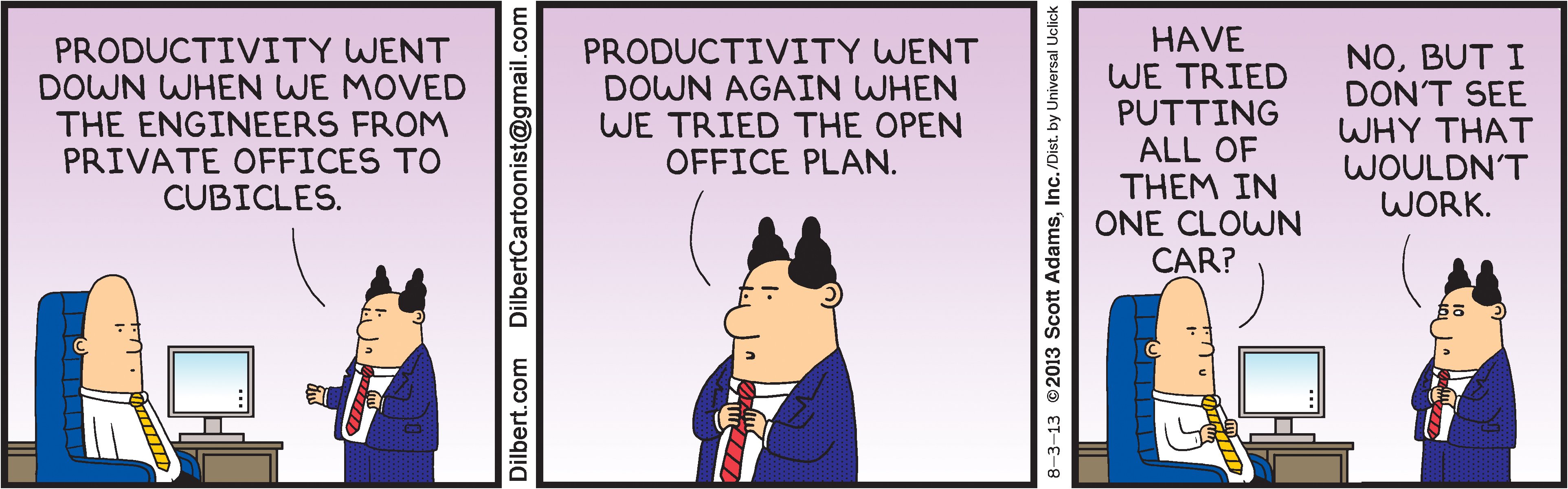 Dilbert cartoon illustrating how terrible an open office space plan is.